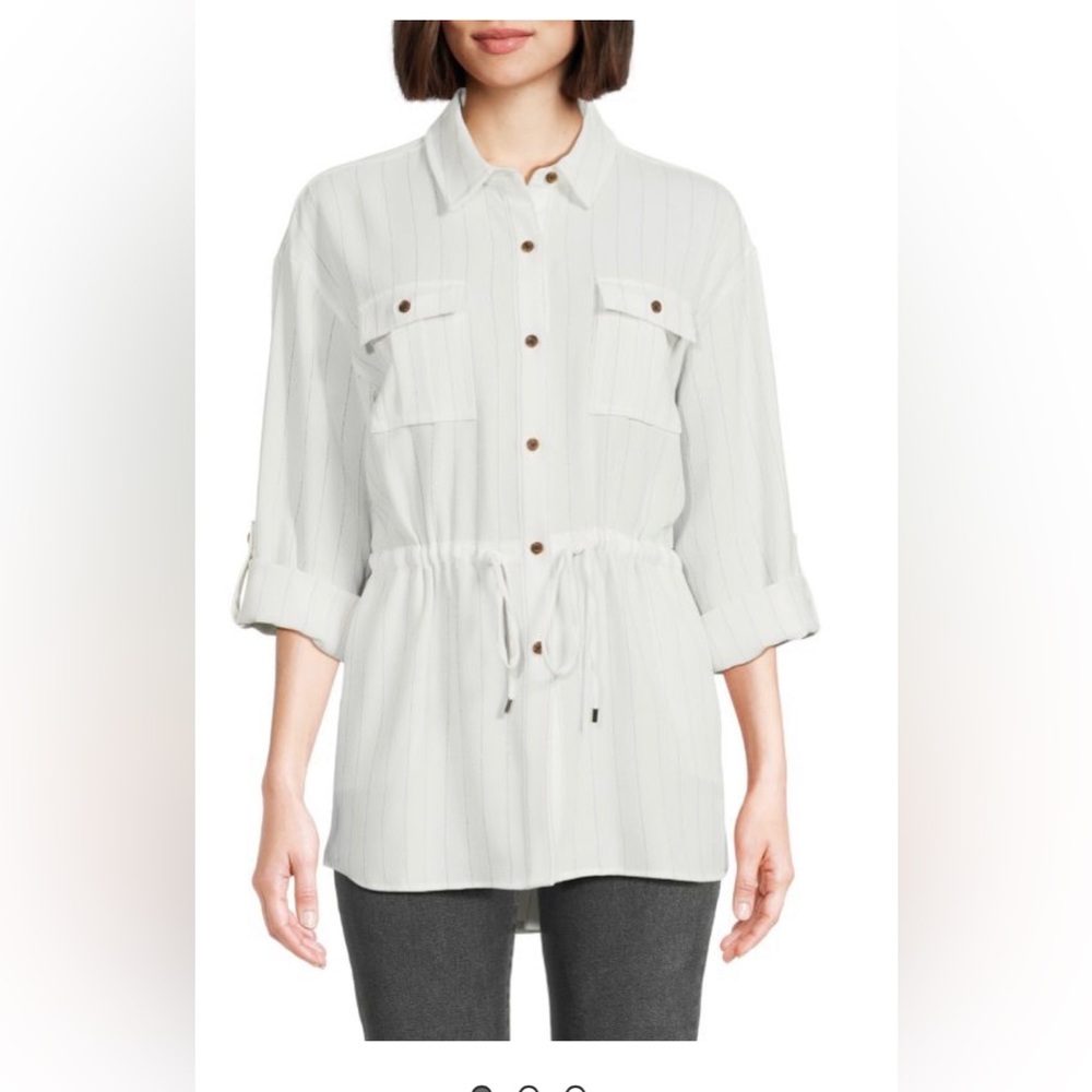 Calvin Klein Blouse Striped Cinched Waist Button Down Shirt Shacket NWT